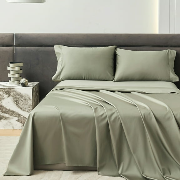 100% Sateen Cotton 4pc Sheets Set Queen Size Long Stape Cotton 800TC Silky Satin Smooth Soft Fitted Sheet Up to 16"(Olive,Queen)