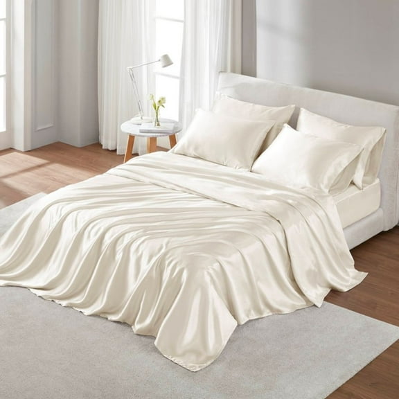 100% Satin Luxury Sheet Set - Wrinkle-Free Silky Sheets for 16" Mattresses, Includes Fitted/Flat Sheet + 4 Open-End Pillowcases