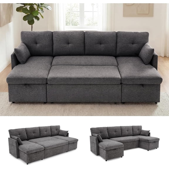 100" Sectional Sleeper Sofa Couch, Sectional Sofa Bed, Dark Grey
