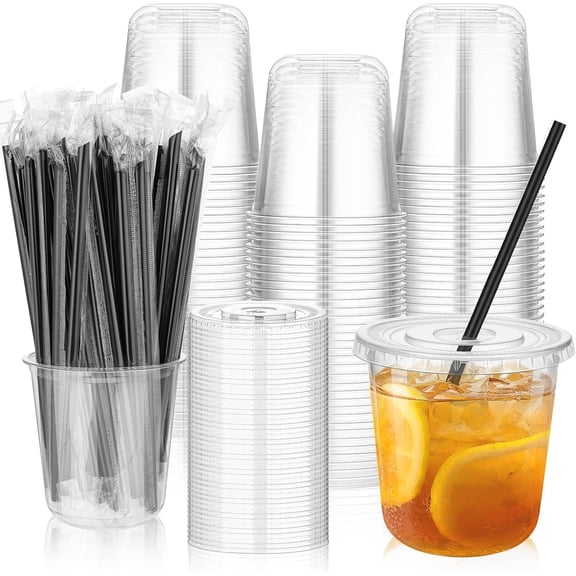 100 Set 12oz Clear Plastic Cups with Lids and Straws, Disposable Round Bottom To Go Cups for Cold Drinks, Iced Coffee, Smoothies, Slushies, Lemonade, Party, Picnic, Shop Supplies
