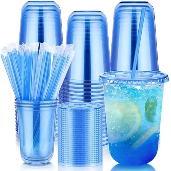 100 Set 16oz Plastic Cups with Lids and Straws, Disposable Blue Clear Iced Coffee Cup with Lid, Round Bottom Plastic To Go Cups for Cold Drinks Slushie Smoothie Soda Bar Party Shop Supplies