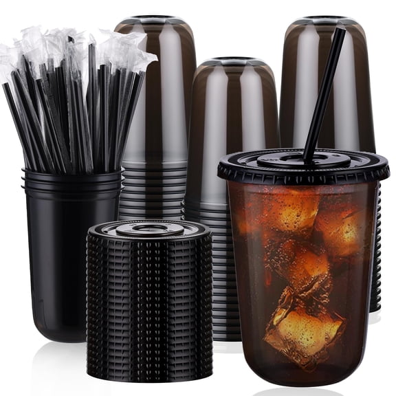 100 Set 16oz Plastic Cups with Lids and Straws, Disposable Blue Clear Iced Coffee Cup with Lid, Round Bottom Plastic To Go Cups for Cold Drinks Slushie Smoothie Soda Bar Party Shop Supplies