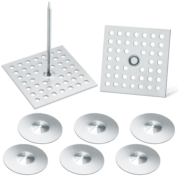 100 Set 2-1/2 Inch Perforated Self Stick Insulation Pins 1.5 Inch Round Self Locking Washers Insulation Pins Hangers Washers for Foam Board Wall Floor Ceiling