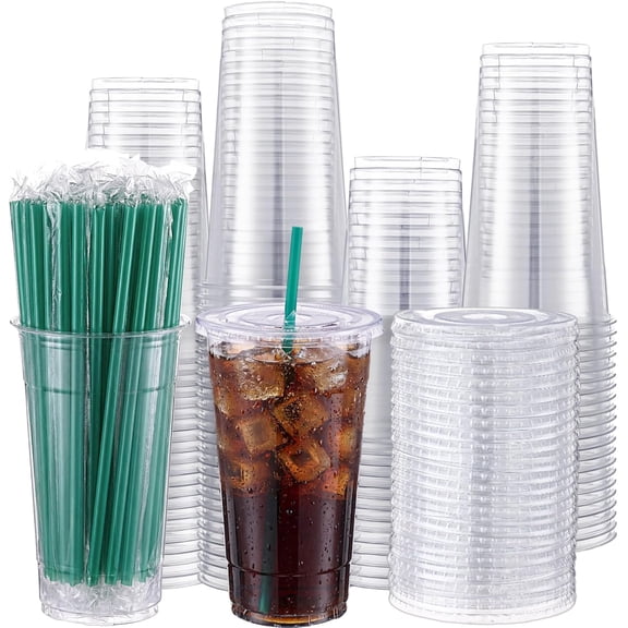 100 Set 32oz Clear Plastic Cups with Flat Lids and Straws, PET Plastic Cups with Lids Colored Straws Drinking Disposable Cup for Ice Cream Cold Drink Iced Coffee Tea Juice (Green)