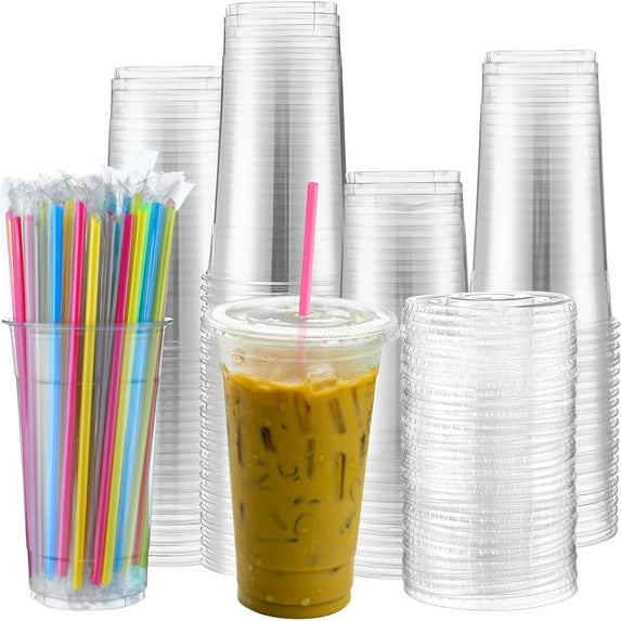 100 Set 32oz Clear Plastic Cups with Flat Lids and Straws, PET Plastic Cups with Lids Colored Straws Drinking Disposable Cup for Ice Cream Cold Drink Iced Coffee Tea Juice(Multicolor)