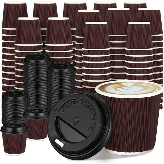 100 Set 4oz Disposable Espresso Cups with Lids Ripple Corrugated Paper Disposable Coffee Insulated Hot Ripple Cups for hot Chocolate, Tea, and Cocoa Drinks (Coffee Color)