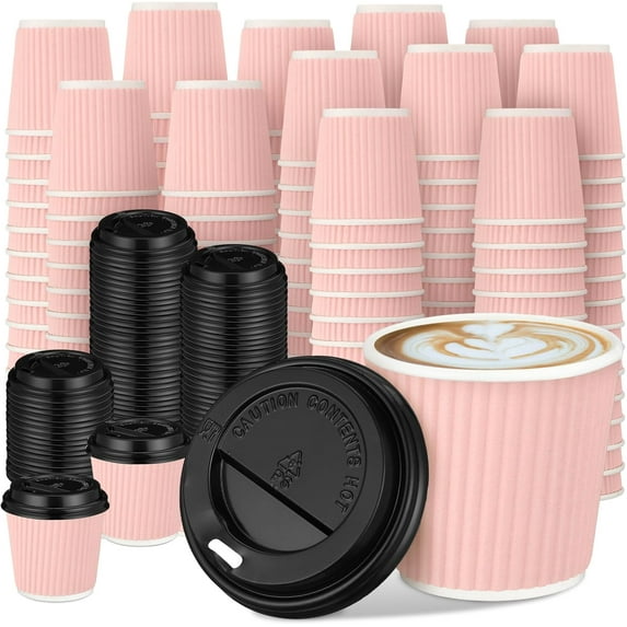 100 Set 4oz Disposable Espresso Cups with Lids Ripple Corrugated Paper Disposable Coffee Insulated Hot Ripple Cups for hot Chocolate, Tea, and Cocoa Drinks(Pink)