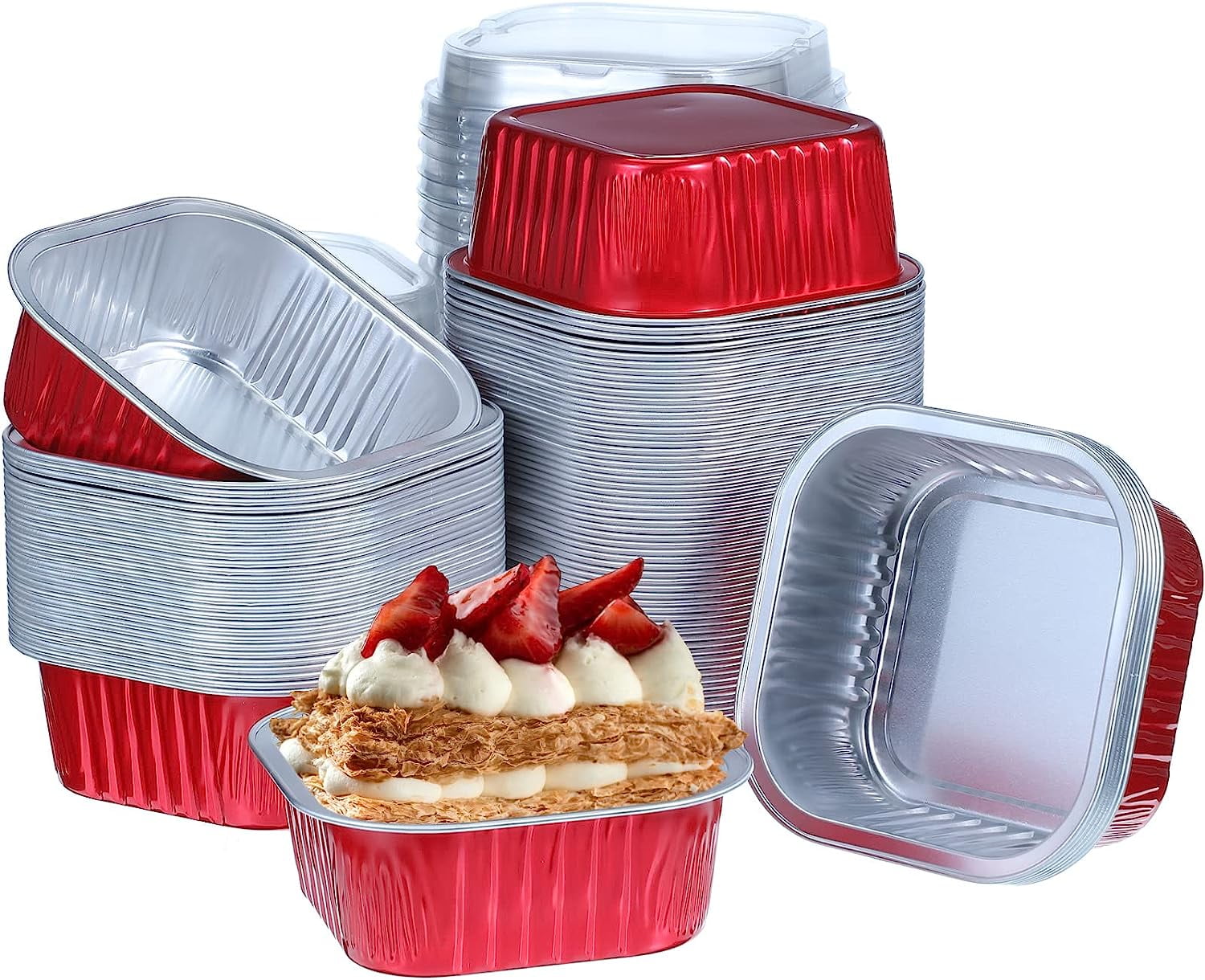 100 Set Aluminum Foil Baking Cups 10 oz Cupcake Liners with lids Disposable Mini Dessert Cups Cupcake Ramekins Containers Square for Cake Muffin Souffle Pudding Wedding Birthday Favor