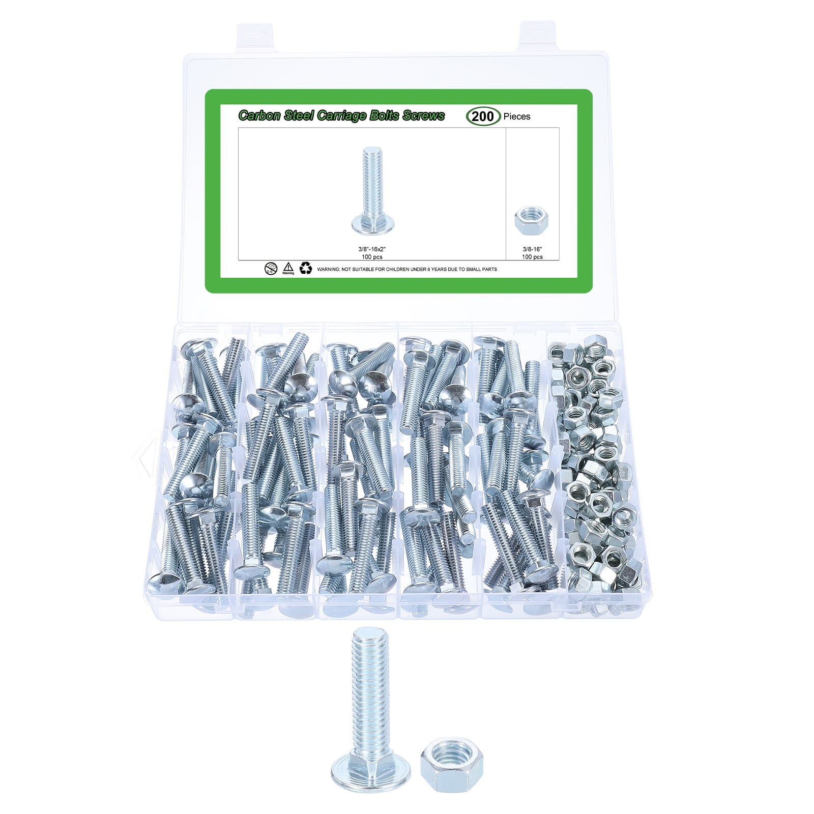 100 Set Carriage Bolts and Nuts Kit, 3/8"-16x2" Carbon Steel Round Head Square Neck Carriage Bolts Screws and Hex Nuts - Blue White