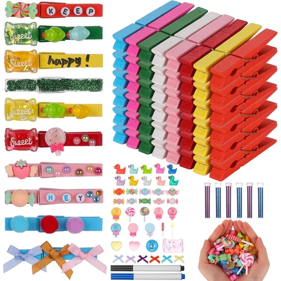 100 Set Cheer Pins Spirit Clips Decorations Wooden Cheer Clothes Pins Bulk Colored Cheer Clothespins with Mini Resin Ducks Beads Bows Pens DIY Accessories for Teams Classrooms Cheerleading Gifts