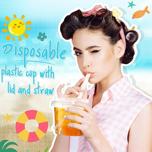 100 Set Clear Plastic Cups 16 oz Ice Cream Buckets with Lids and Straws