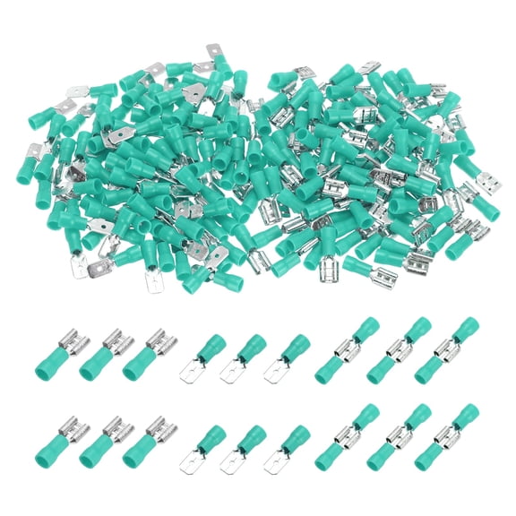 100 Set Heat Shrink Wire Terminal, 16-14AWG Green Insulated Crimp Terminal Electrical Connectors Male and Female Spade Connectors for Industrial, Automotive, Boat Stereo