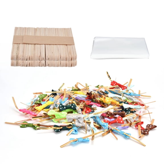 100 Set Lollipop Treat Bags with Wood Sticks and Bowknot Ties, 3.15 x 4.72 inches / 8 x 12 cm, Candy Making Kit