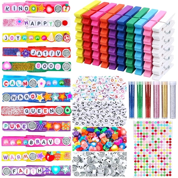 100 Set Volleyball Spirit Pins Cheer Pins Craft Kit Colored Wooden Clothes Clips with Volleyball Charms Letter Clay Beads Bottles Glitter and Pearl Sticker for Sport Team Gifts Party Decor