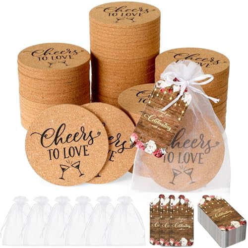 100 Set Wedding Favors for Guest Cork Coaster Bulk Cheers to Love Round Cork Coaster with Thank You for Celebrating with Us Cards and Organza Bags for Bridal Showers Party Favors Souvenirs