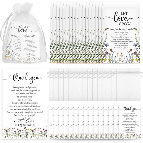 100 Set Wedding Favors for Guests Bulk Include 100 Pcs Self Adhesive Seed Packets Kraft Paper Seed Envelopes Let Love Grow Cards and Organza Gift Bags for Bridal Shower (Retro)
