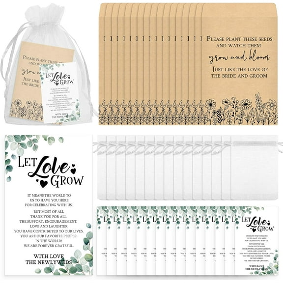 100 Set Wedding Favors for Guests Bulk Include 100 Pcs Self Adhesive Seed Packets Kraft Paper Seed Envelopes Let Love Grow Cards and Organza Gift Bags for Bridal Shower(Classic)