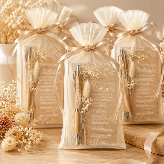100 Set Wedding Guest Favors Pens with Thank You Cards and Ties, Black Ink Retractable Ballpoint Pen Bulk Gift, Guest Book & Sign In Table Bamboo Pen for Bridal Shower Party Souvenir
