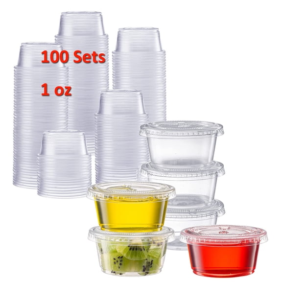 100 Sets - 1 oz. Small Plastic Containers with Lids, Jello Shot Cups, Condiment Cups, 2oz Dipping Sauce & Salad Dressing Container, Disposable Mini Plastic Portion Souffle Cups Ramekins, Pudding Cup