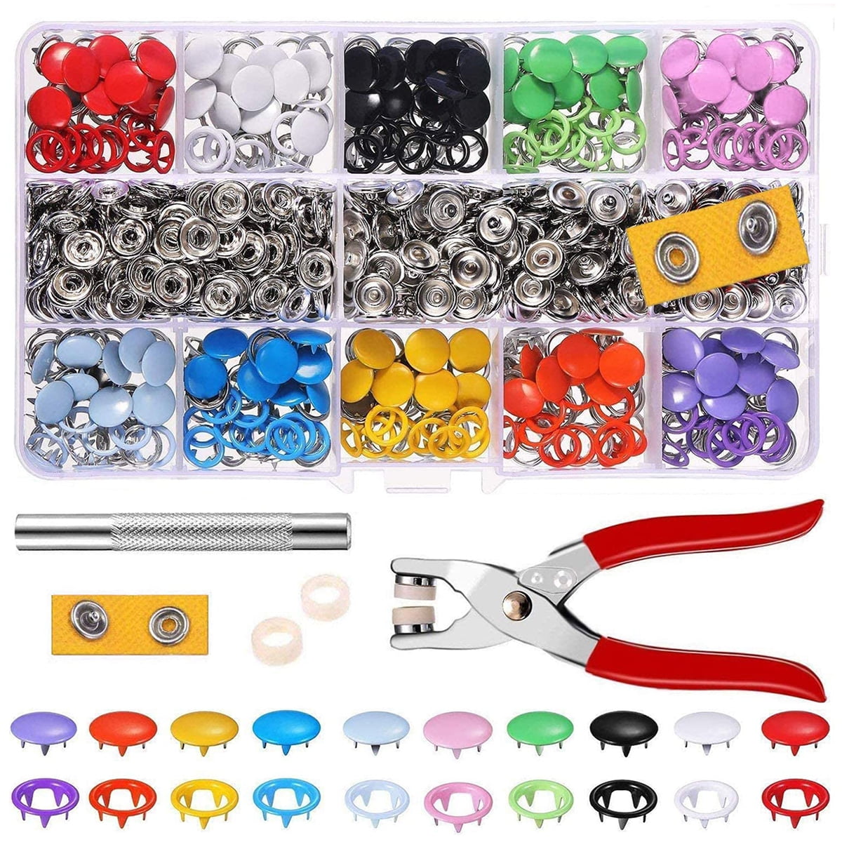 100 Sets 10 Colors Snap Fasteners Kit Metal Hollow and Solid Five Claw