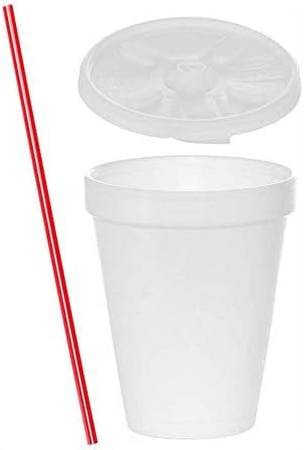 (100 Sets) 12 White Foam Cups with Lift'n'Lock Lids and Stirrers