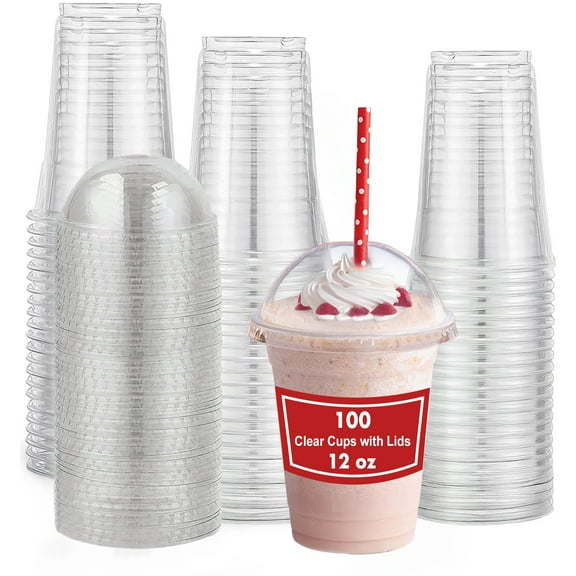 100 Sets - Clear Cups With Dome Lids 12 oz with Hole, Plastic Disposable Ice Coffee Cup for Parfaits, Boba, Cold Drinks
