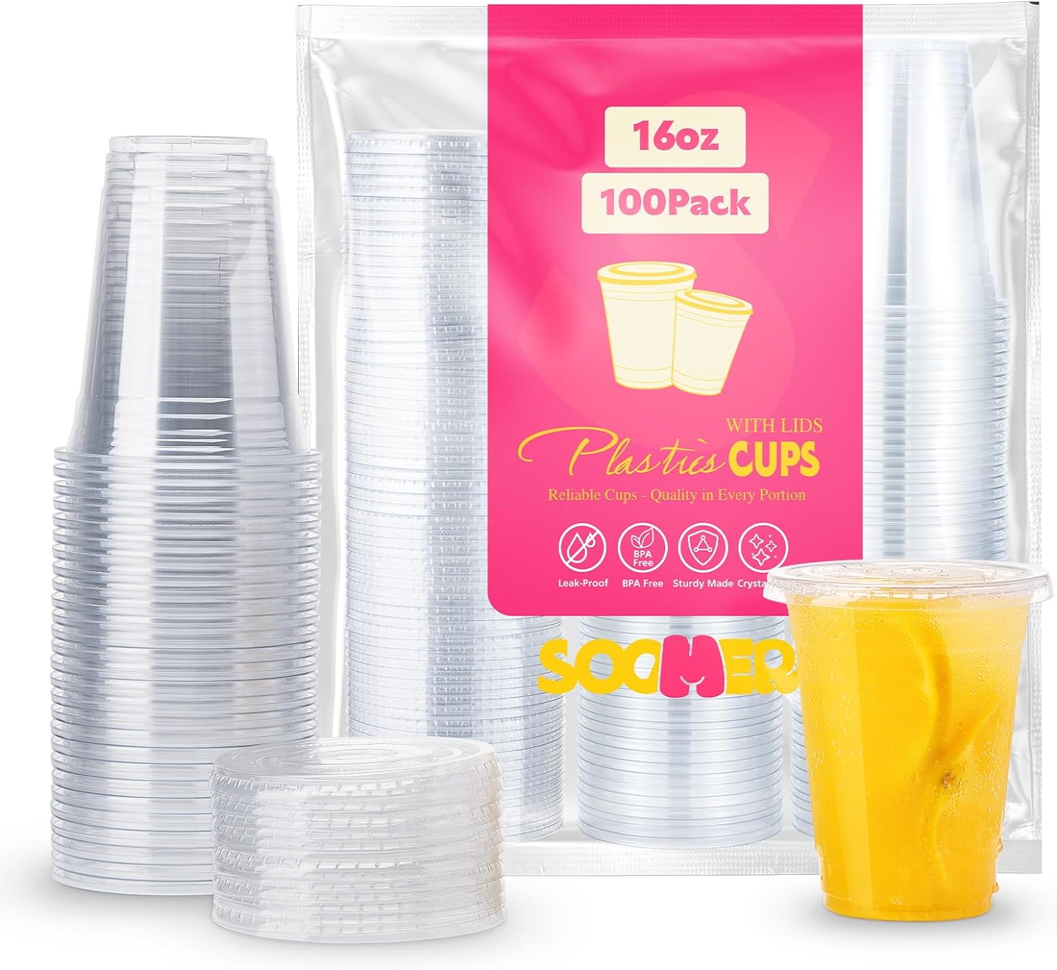 100 Sets 16 oz Clear Plastic Cups with Flat Lids Disposable Cups for Iced Coffee, Juice