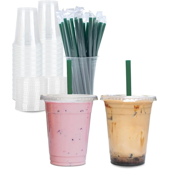 [100 Sets] 16 oz Clear Plastic Cups with Lids and STRAWS, Disposable Party Cups for To Go Iced Coffee Cold Drinks, Smoothie, Juice, Parfait, Frappuccino, Milkshake. No Leaking Fruit Cup