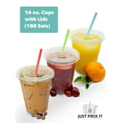 [100 Sets - 16 oz] Clear Plastic Cups with Lids Disposable Iced Coffee Tea Juice Frozen Smoothie