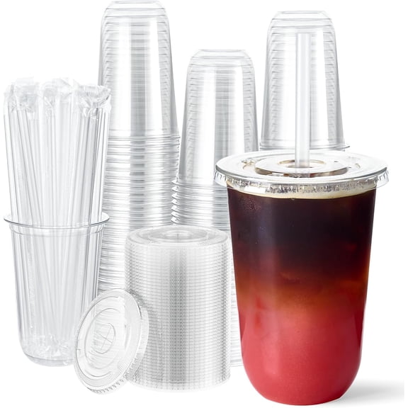 100 Sets 16 oz Plastic Cups with Lids and Straws, Disposable Plastic Iced Coffee Cups with Lids for Cold Beverages, Juice, Milkshakes, Coffee Shops, Parties and Daily Use