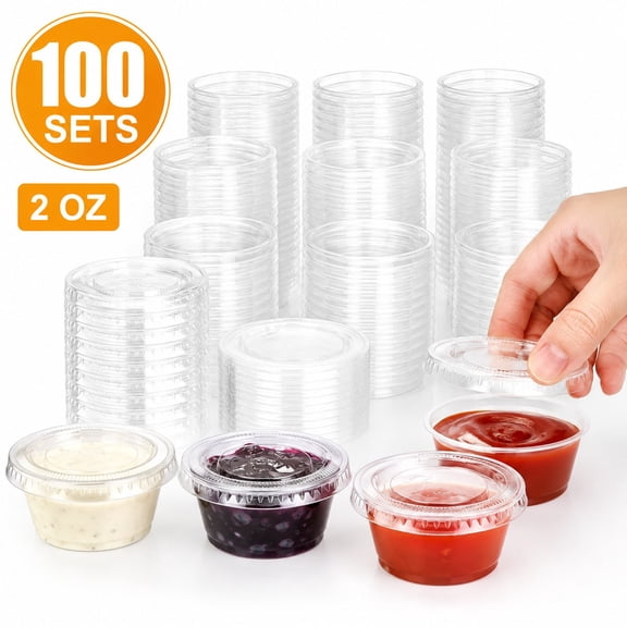 100 Sets Of 2 Oz Covered Plastic Sauce Cups, Salad Sauce Containers For Pre-Meal Preparation, Portion Control Plastic Condiment Cups, Suitable For Ketchup, Blueberry Sauce, Hot Sauce, Durable Plastic