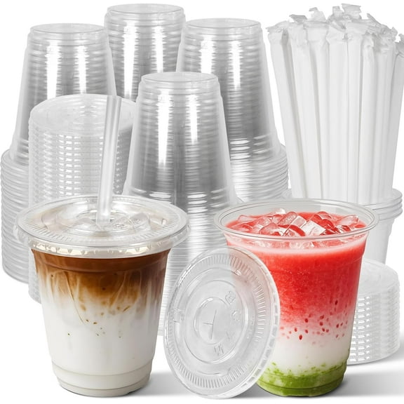 100 Sets- 20 oz Clear Plastic Cups with Lids and Straws, Disposable To Go Cups for Cold Drinks, Iced Coffee, Milkshakes, Smoothies