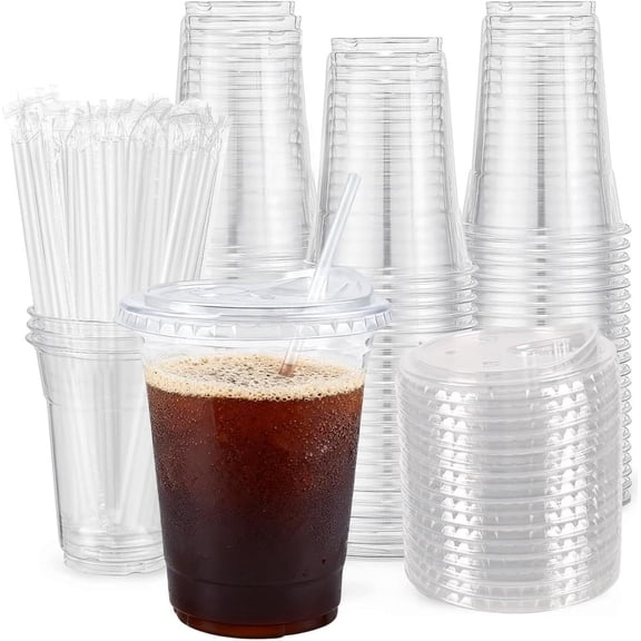 100 Sets - 24oz Plastic Cups with and Straws, Disposable Cups for Iced Coffee, Smoothie, Milkshake, Cold Drinks - Clear 24 oz Plastic Cups with Straws