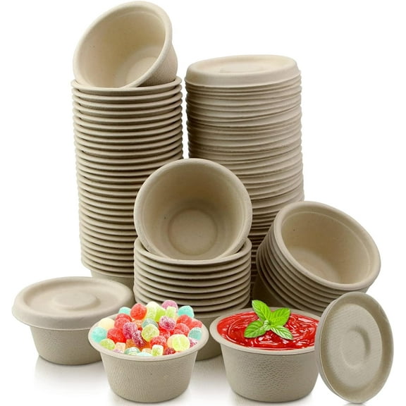 100 Sets 2oz Natural Bagasse Fiber Condiment Cups with Lids, Compostable Sauce Condiment Containers Disposable Paper Dishes Serving Sample Cups for Snack Tasting Charcuterie