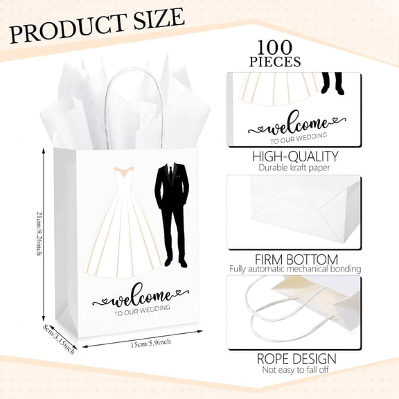 100 Sets 5.91 x 3.15 x 8.27 Inches Wedding Welcome Bags with Sheets Tissue Paper and Handles Party Favor Bags Welcome to Our Wedding for Guests