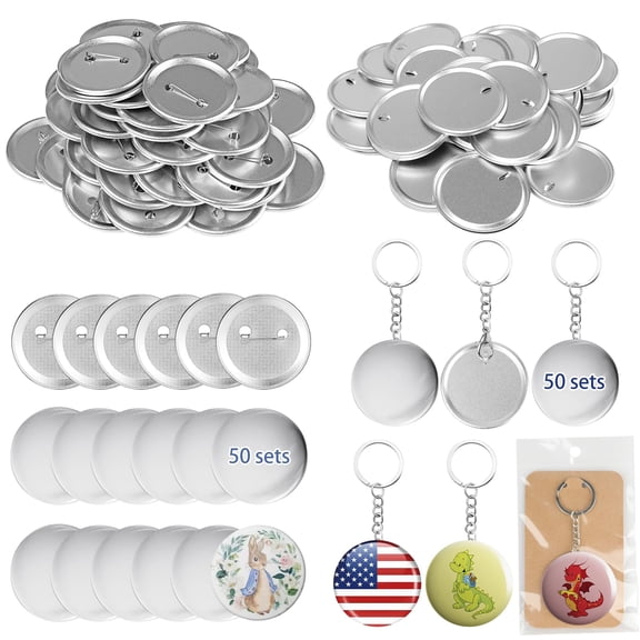 100 Sets (50 Sets pin+50 Sets Keychain) 58mm/2.25 inch Button Maker Supplies, Keychain Pins Metal Round Badge Button Parts Making Kit for Button Maker Machine with Metal Cover DIY Gifts
