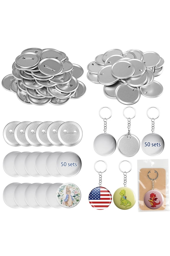 100 Sets (50 Sets pin+50 Sets Keychain) 58mm/2.25 inch Button Maker Supplies, Keychain Pins Metal Round Badge Button Parts Making Kit for Button Maker Machine with Metal Cover DIY Gifts