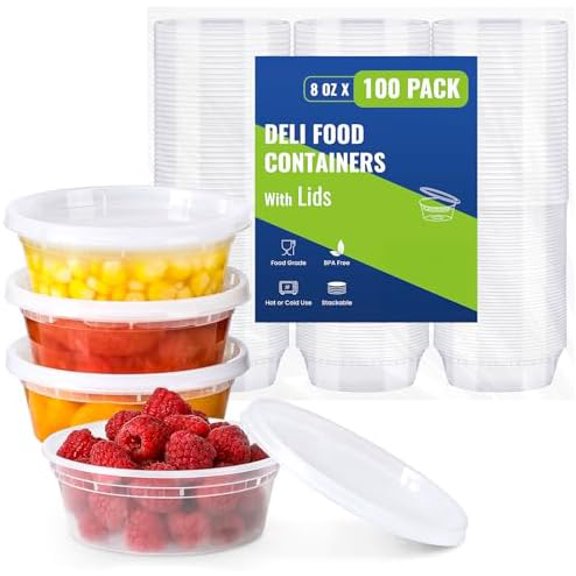 100 Sets 8 oz Plastic Deli Containers With Lids, Airtight Food Storage Containers, Freezer/Dishwasher/Microwave Safe, Takeout Meal Prep Storage