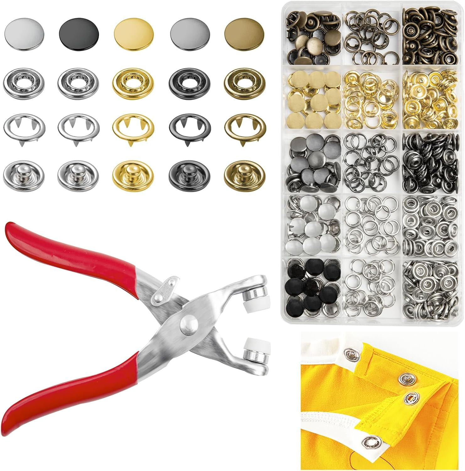 100 Sets 9.5mm Metal Snaps Buttons with Fastener Pliers Press Tool Kit ...