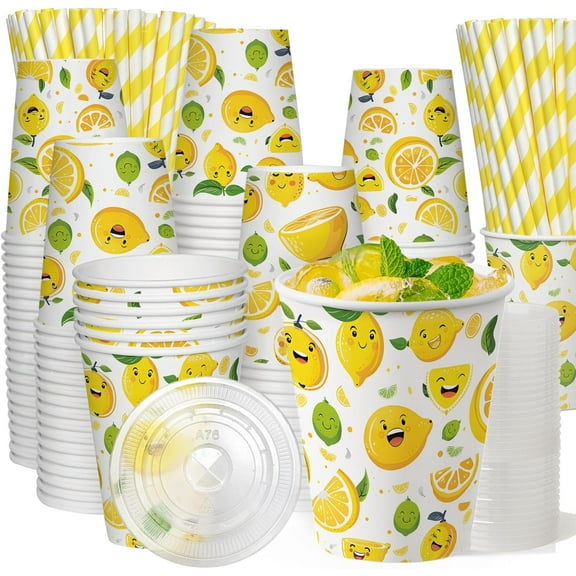 100 Sets 9 Oz Lemon Patterned Cold Drink Cups with Lids and Straws