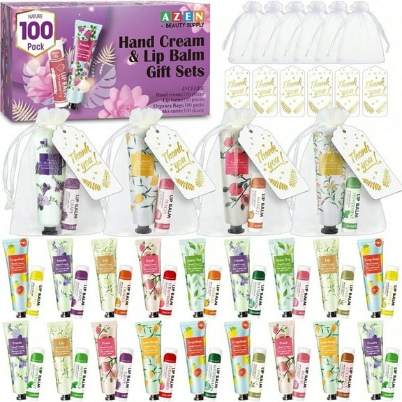 100 Sets Bulk Gifts Hand Cream and Lip Balm Bulk Set with Organza Bag Thank You Card  Shower Wedding Gifts for Guests Bridal Wedding Favors for Guests Thank You Gifts for Women