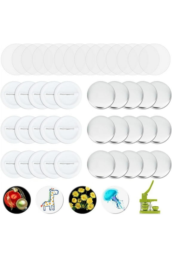 100 Sets Button Maker Supplies 1.73 Inch/ 44mm Pin Back Button Parts for Button Maker Machine Round Badge Blank Button Pins Includes Metal Cover Plastic Pin Backs Plastic Clear Film White