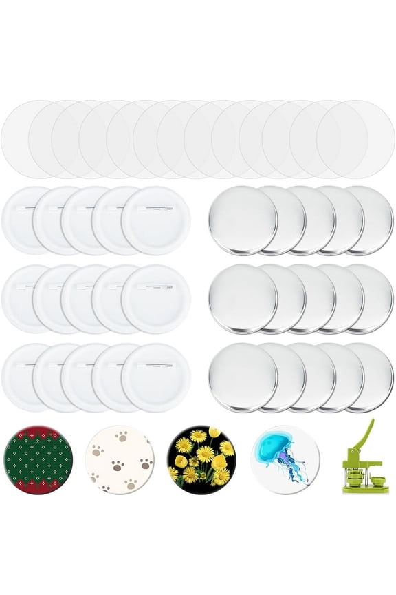 100 Sets Button Maker Supplies 2.28 Inch/ 58mm Pin Back Button Parts for Button Maker Machine Round Badge Blank Button Pins Includes Metal Cover Plastic Pin Backs Plastic Clear Film White