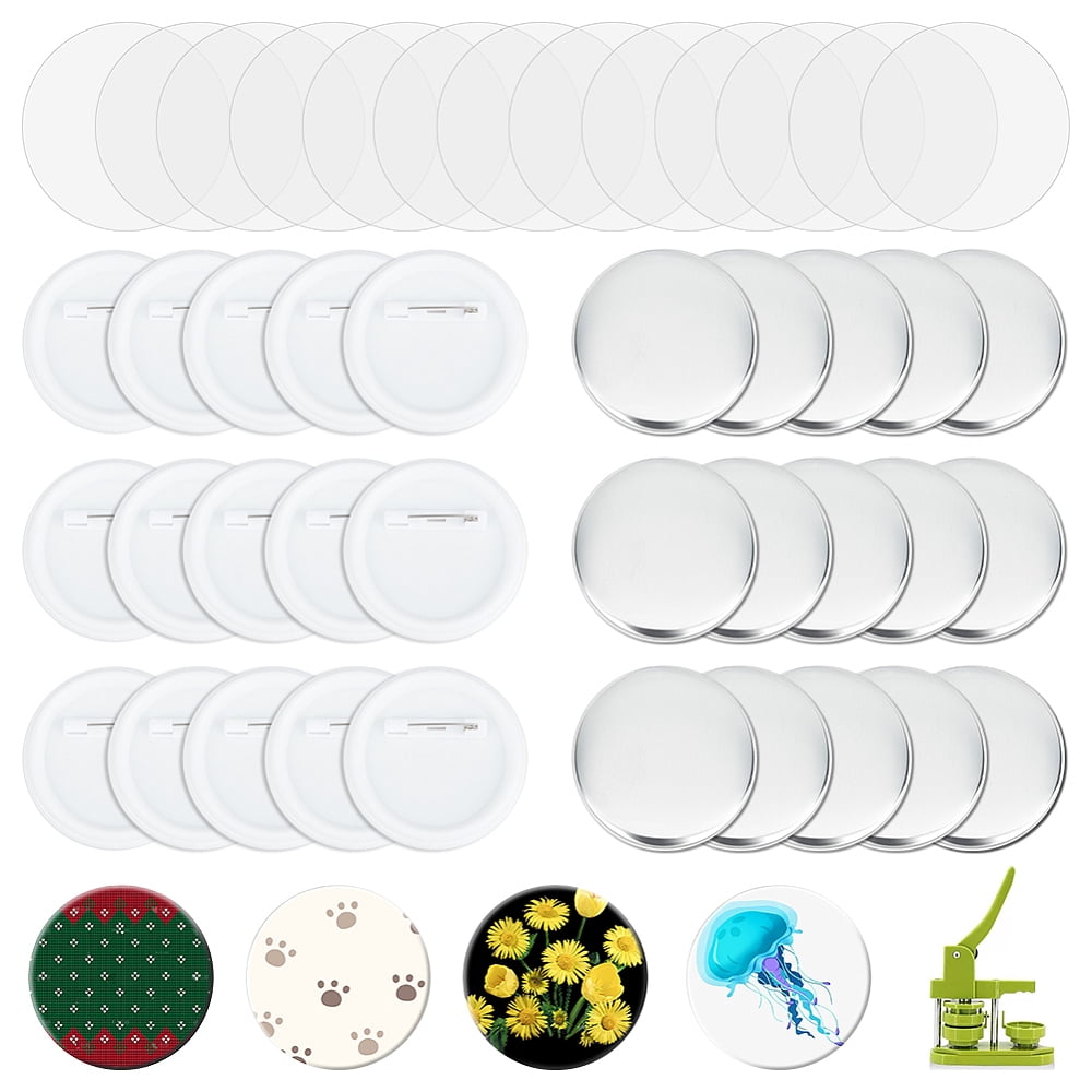 100 Sets Button Maker Supplies 2.28 Inch/ 58mm Pin Back Button Parts Includes Metal Cover Plastic Pin Backs Plastic Clear Film