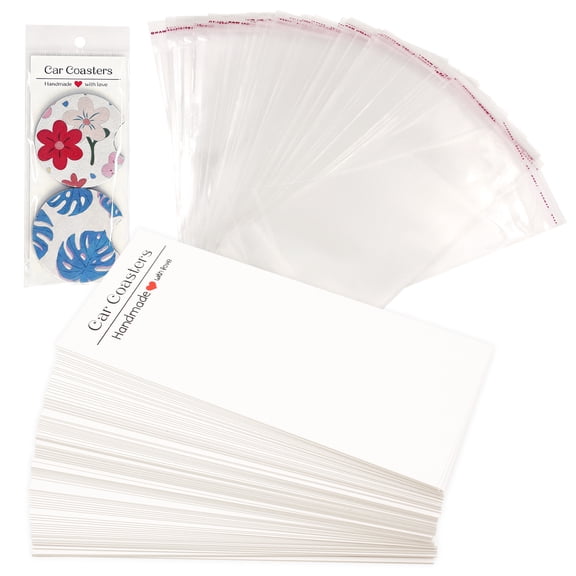100 Sets Car Coaster Packaging for Selling, Coaster Display Cards with Clear Self-Sealing Bags, Professional Blank Packaging Kit for Handmade Sublimation Car Coasters Accessories