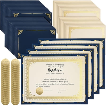 100 Sets Certificate Paper Kit Single Sided Awards Holder with Foil Border for 8.5 X11 Covers Award Seals Stickers Diploma Covers(Navy Blue,Classic)