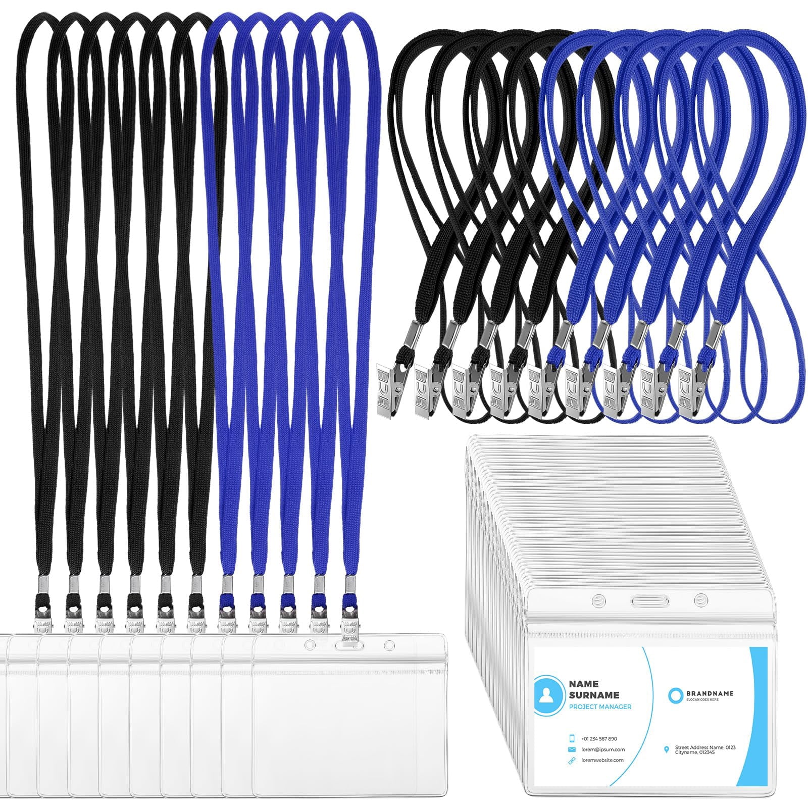 100 Sets Clear Name Tags With Lanyard  Lanyards For Id Badges Reusable Strap Holder Plastic Adults Business School Church Conference (black Blue)