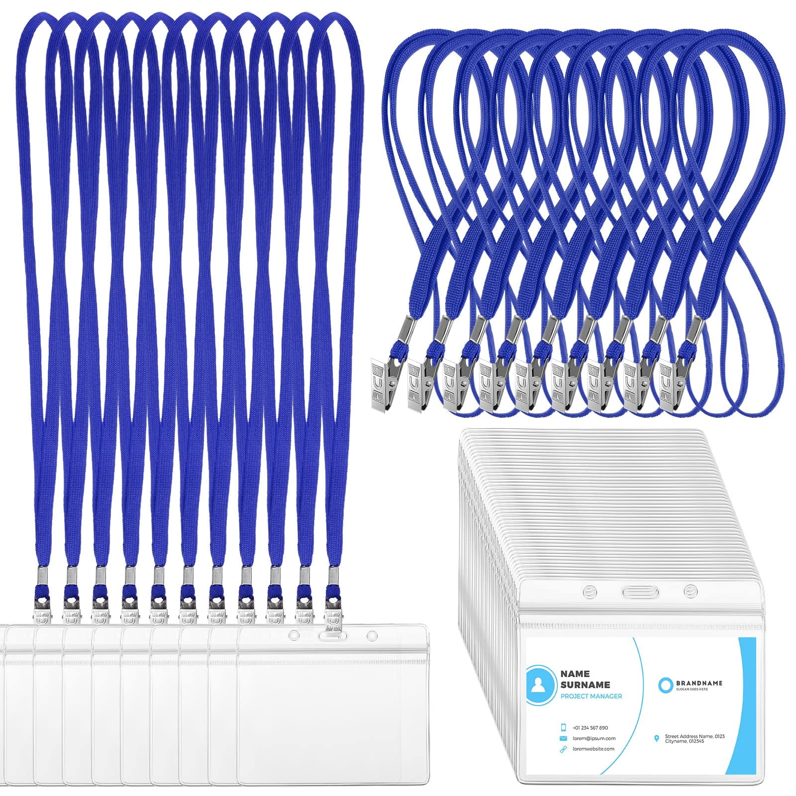 100 Sets Clear Name Tags With Lanyard  Lanyards For Id Badges Reusable Strap Holder Plastic Adults Business School Church Conference (blue)