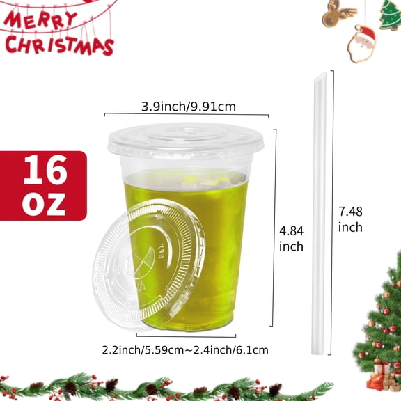 100 Sets Disposable PET Plastic Cups with Flat Lids & Straws - Reusable for Iced Coffee/Tea/Ice Cream, Perfect for Party/Camping/Holiday Events