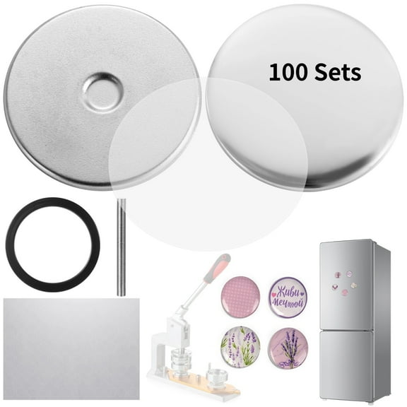 100 Sets Fridge Metal Buttons, 2.28 Inches Round Blank Button Badge Parts, 58 mm Refrigerator Tinplate DIY Badge Kit with Clear Films, Adsorptive Button Crafts Compatible with Button Maker Machine